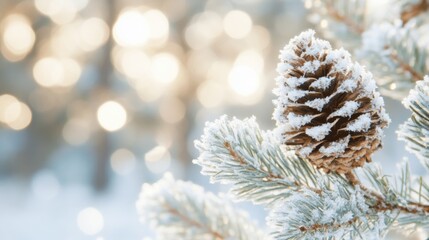 Delicate snow covers a pine branch and its cones, capturing the quiet and beauty of winter in a tranquil forest setting