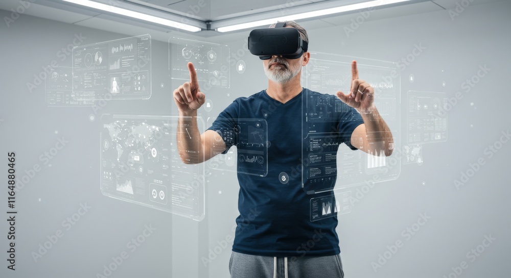 Poster futuristic virtual reality experience with augmented holographic interfaces