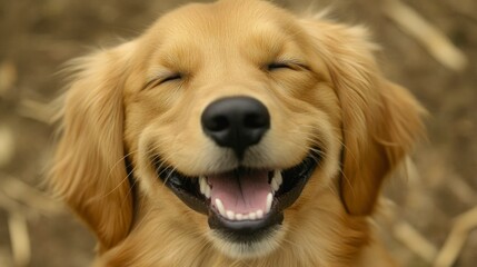 Fototapeta premium Golden Retriever Puppy Smiles Happily Outdoors