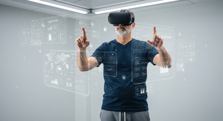 Futuristic virtual reality experience with augmented holographic interfaces