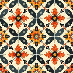 A colorful floral pattern featuring symmetrical designs in orange, blue, and cream tones.