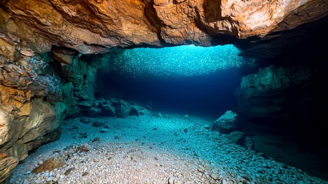 Stunning underwater cave with crystal clear blue waters, showcasing rock formations and enchanting natural beauty in a tranquil, secluded environment.