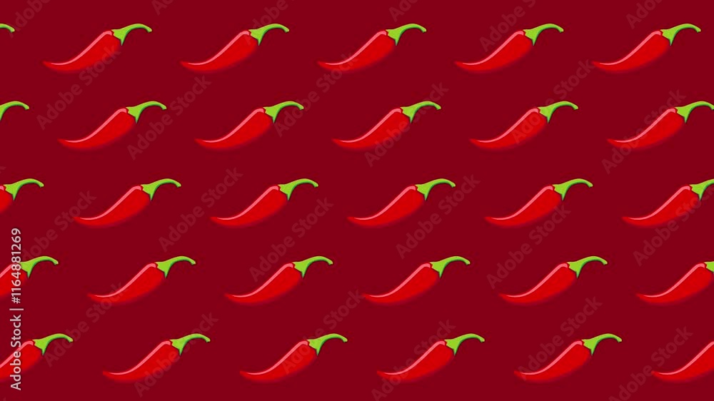 Poster animation of playful design featuring a repeating pattern of chili peppers on a rich red background,