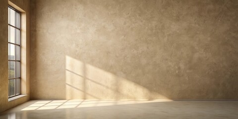 Empty room with textured wall and sunlight streaming through a large window