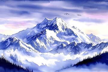 Majestic Watercolor Painting of a Snow-Capped Mountain Range at Sunrise.