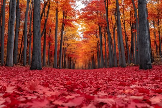 Vibrant autumn forest path with red leaves. - Powered by Adobe