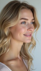 Fototapeta premium This captivating portrait features a young woman with long, wavy blonde hair and striking blue eyes, exuding a sense of joy and confidence. Her gentle smile, highlighted by a charming dimple, radiates