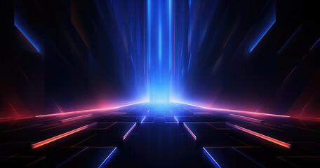 A futuristic digital landscape with glowing lines and a central light source.