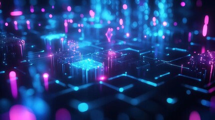 Abstract digital circuit board with glowing nodes and lines.