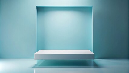 Fototapeta premium Elevated Platform in a Serene Blue Room, Ideal for Product Display or Minimalist Composition