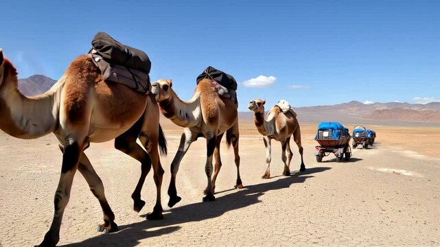 A caravan of camels travels through a vast desert landscape under a clear blue sky, carrying supplies and creating a majestic scene of adventure and exploration.