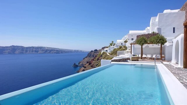 Stunning Santorini pool view with whitewashed buildings overlooking the deep blue Aegean Sea, perfect for a luxurious holiday experience.