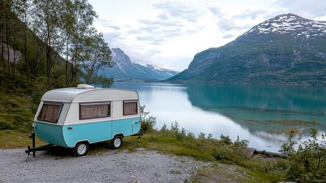 Scenic view of a vintage caravan parked by a serene lake with mountains in the background, perfect for a peaceful nature getaway.
