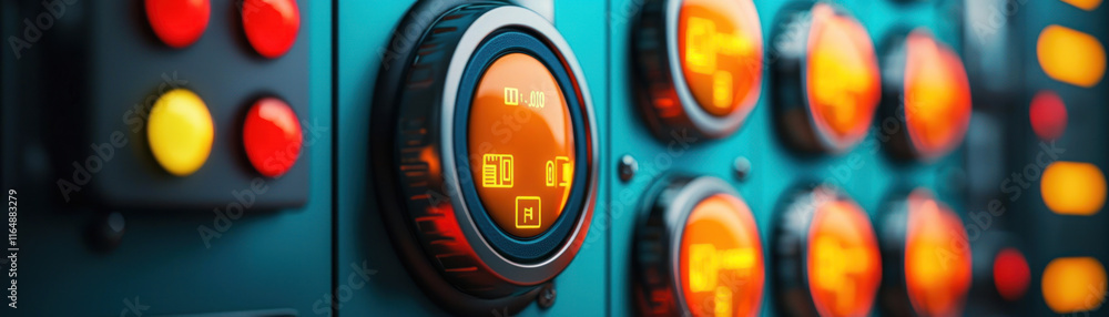 Poster close up of control panel featuring buttons and gauges, showcasing vibrant colors and intricate deta