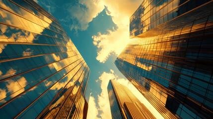 skyscraper office buildings, a perspective from the ground looking up at the sky