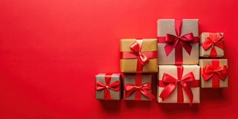 Several presents adorned with vibrant red bows, arranged on a rich red background, perfect for celebratory occasions.