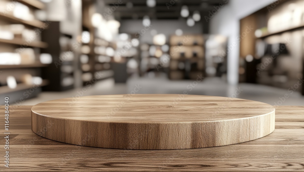 Aufkleber round wooden display on table in blurred store background.