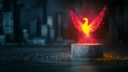 digital phoenix constructed from glowing particles, symbolizing rebirth and transformation, stands on pedestal against city backdrop