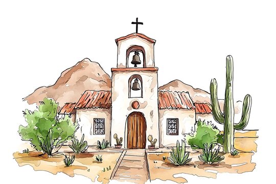 Watercolor illustration of a desert church with cacti and desert plants.