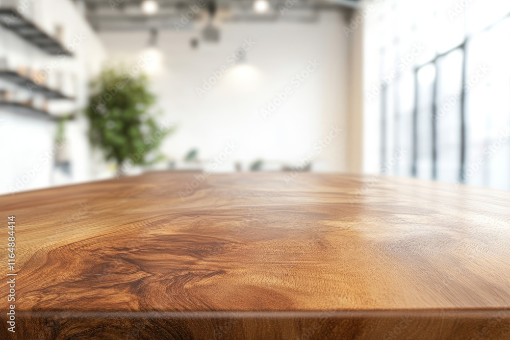 Poster close-up of a polished wood table top in a modern cafe.