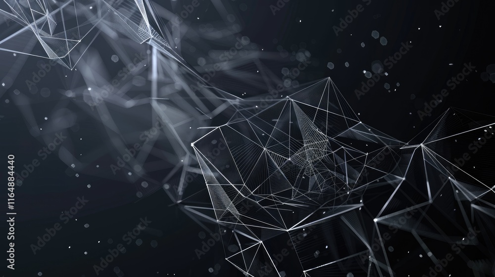 Poster abstract digital design featuring interconnected geometric shapes and particles.