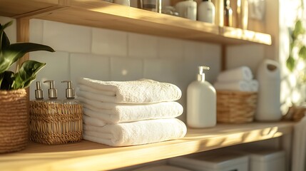 Stack of fresh white towels on wooden shelf with toiletries and plant.