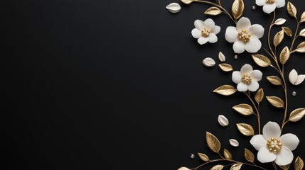 Elegant white flowers and gold leaves on a black background