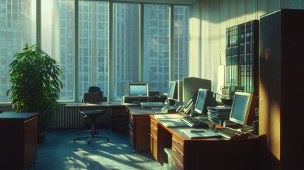 A quiet stock trading office, natural light streaming in, individual workstations, and subdued ambiance 