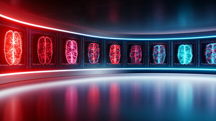futuristic medical lab featuring transparent screens displaying brain imagery in vibrant colors. sleek design and advanced technology create innovative atmosphere