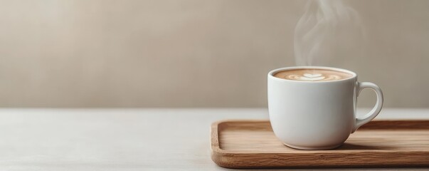 Obraz premium Minimal coffee concept. A steaming cup of coffee on a wooden tray, perfect for a cozy morning vibe.