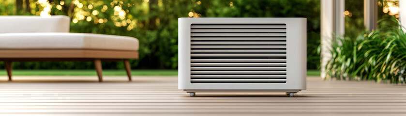 medium shot of heat pump on wooden deck, surrounded by greenery, creating serene outdoor atmosphere