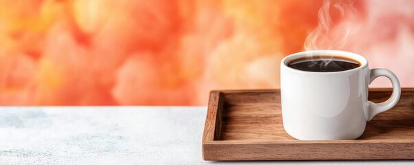 Minimal coffee idea. A steaming cup of coffee on a wooden tray against a vibrant orange background.