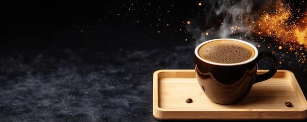 Minimal coffee idea. A steaming cup of coffee on a wooden tray with a dramatic backdrop of smoke and sparkles.