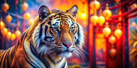 Wild Asian tiger, a powerful zodiac symbol, its majestic stripes featured in Chinese New Year illustrations and art.