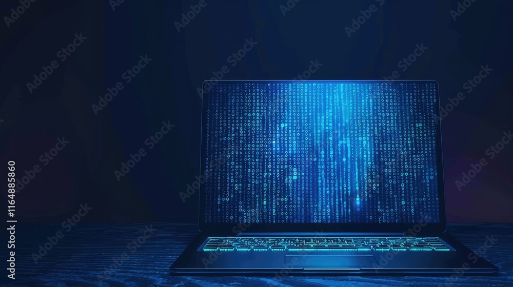 Poster a laptop displaying digital data in a dark environment, symbolizing technology and information.