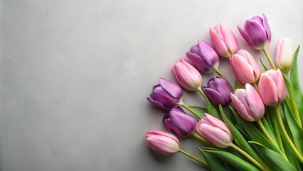 A Delicate Arrangement of Pink and Purple Tulips on a Gray Surface