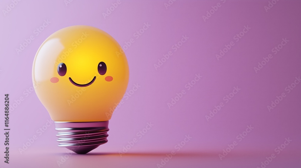 Poster smiling light bulb with cheerful expression on soft purple background