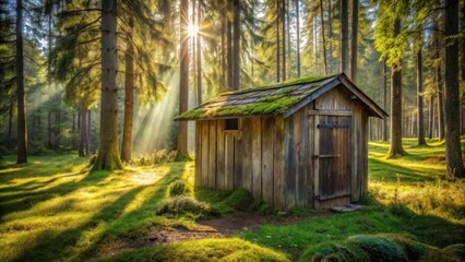 Secluded Wooden Cabin Bathed in Golden Sunlight Amongst Tall Trees in a Verdant Forest