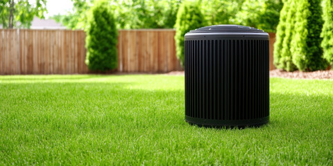 medium shot of heat pump installed lush backyard, surrounded by green grass and trees, showcasing modern outdoor technology