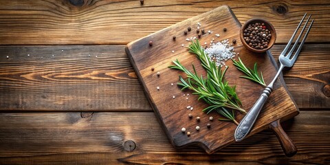 Rustic Wooden Board with Fresh Rosemary, Salt, and Peppercorns