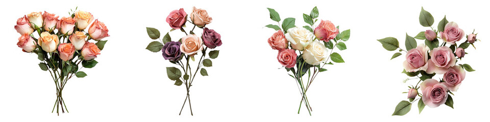 Rose Bouquets and clipart concept. Bouquets of colorful roses arranged beautifully on Transparent background.