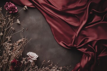 Dark red silk fabric with dried flowers on dark background.