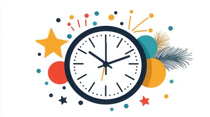 A colorful clock illustration surrounded by playful shapes, stars, and dots, symbolizing time and celebration.