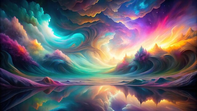 A surreal dreamscape of vibrant colors, swirling clouds, and a tranquil reflective lake, depicting a fantastical landscape of rolling hills and ethereal forests