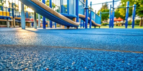 Blue playground surface with blurred background of play equipment in sunlight