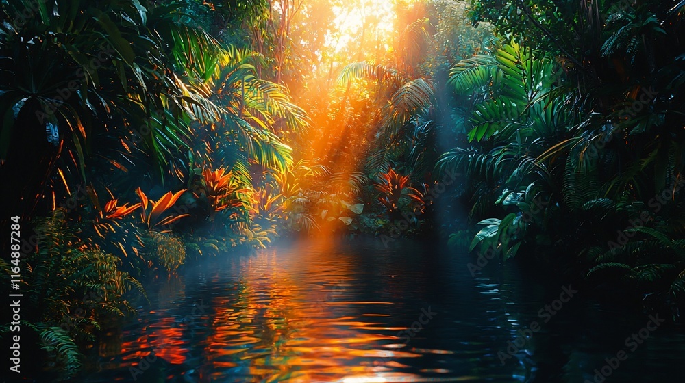 Poster sunlit jungle path reflected in calm water.