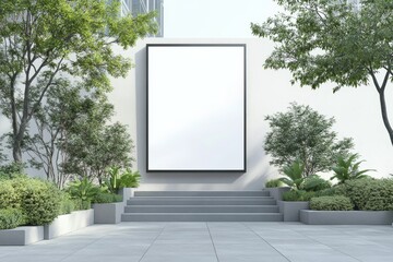 Blank billboard mockup on a building exterior with stairs and plants.
