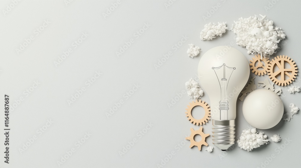 Poster light bulb surrounded by gears and decorative elements on gray surface