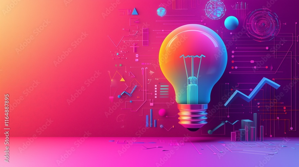 Poster vibrant light bulb design with abstract shapes and graph elements