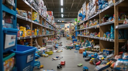 A messy toy store aisle with toys fallen off the shelves and packaging scattered 